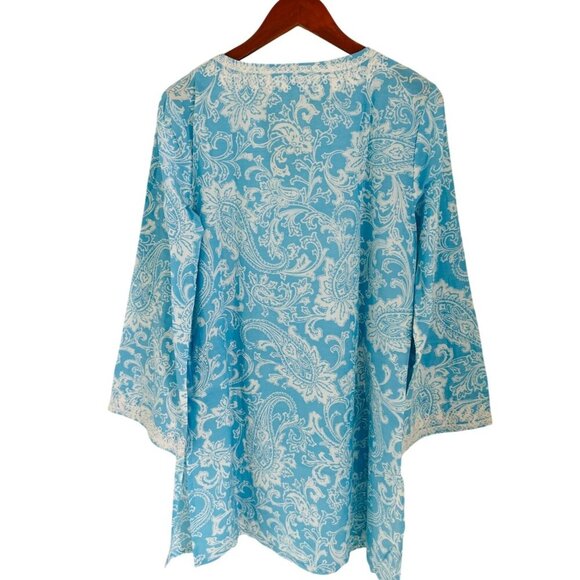 J. McLaughlin Tunic Silk Cotton Blue Paisley Lace Trim V-Neckline Size Large - Picture 4 of 8